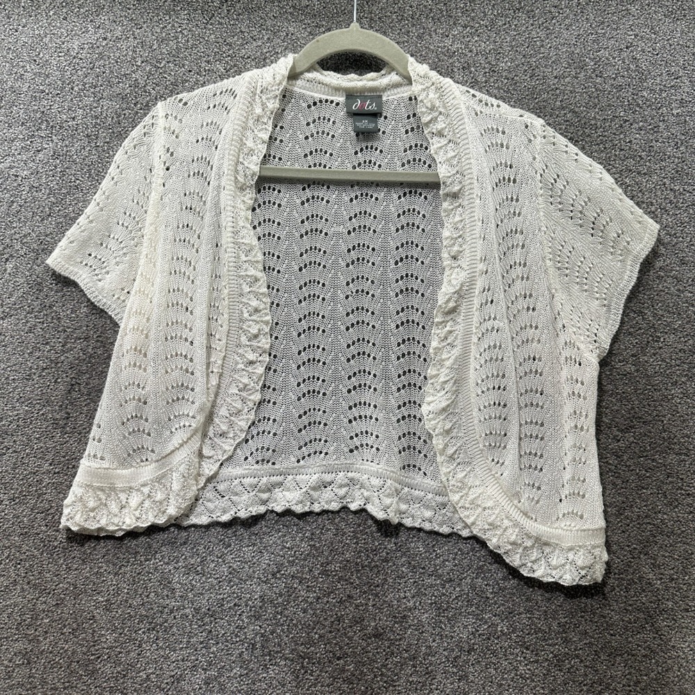 Dots Cardigan Sweater 2X White Pointelle Knit Bolero Shrug Short Sleeve Open